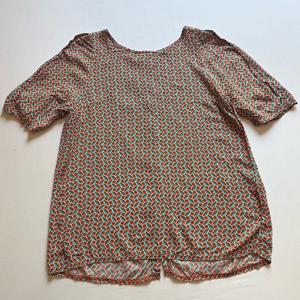 PINKYOTTO rust orange green geo print button up back short‎ sleeve shirt blouse